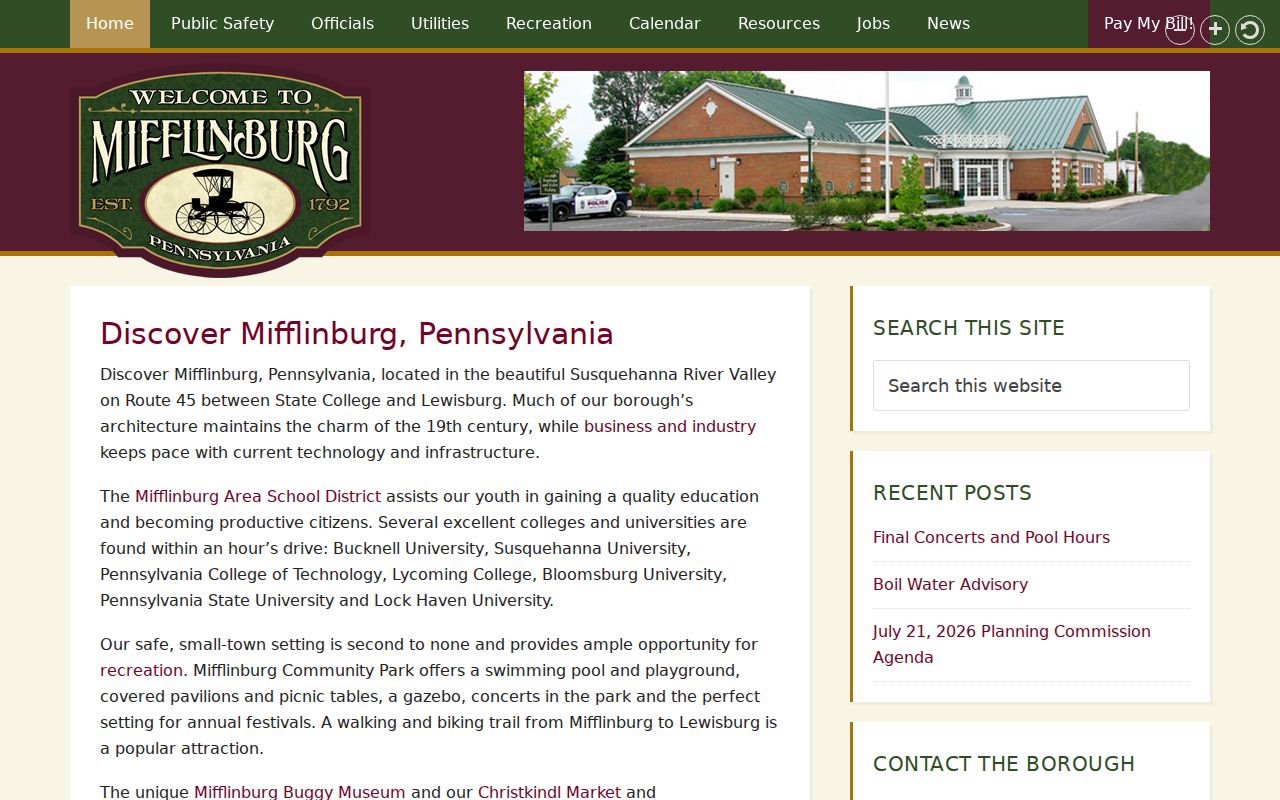 Official Mifflinburg Borough website and municipal building information