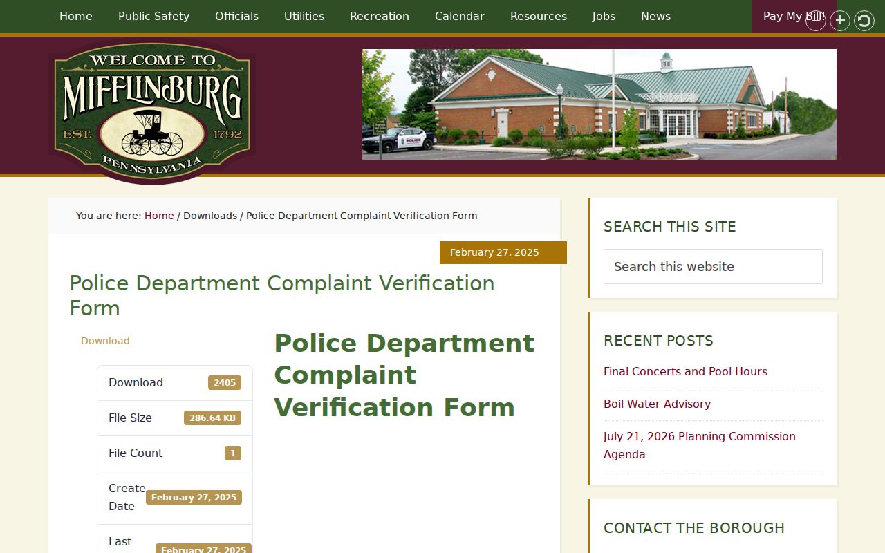 Official Mifflinburg Police Department public safety page