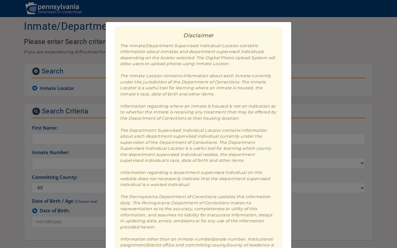 Union County criminal custody search through PA DOC