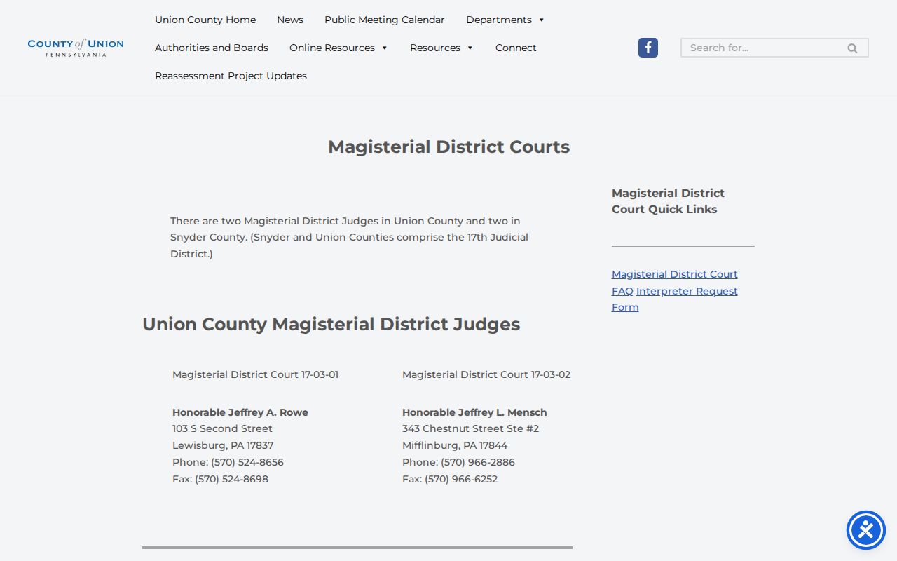 Union County criminal court case contacts for Magisterial District Courts