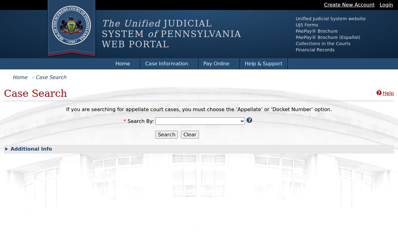 Union County criminal court case search controls in the UJS Portal